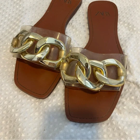 👡ZARA Sandal Bundle Size 39 | Gold Embellished + Chain Slide Sandals - Picture 4 of 12